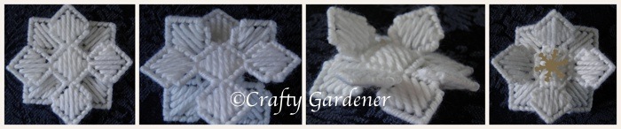 snowflakes made with plastic canvas and yarn at craftygardener.ca