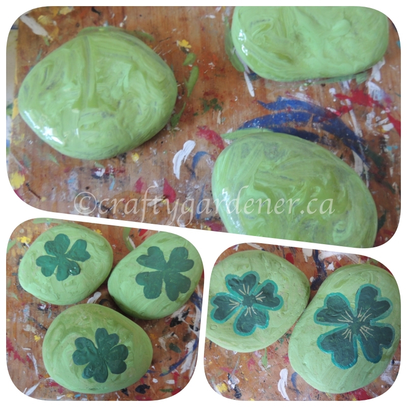 painting 4 leaf clover rocks at craftygardener.ca