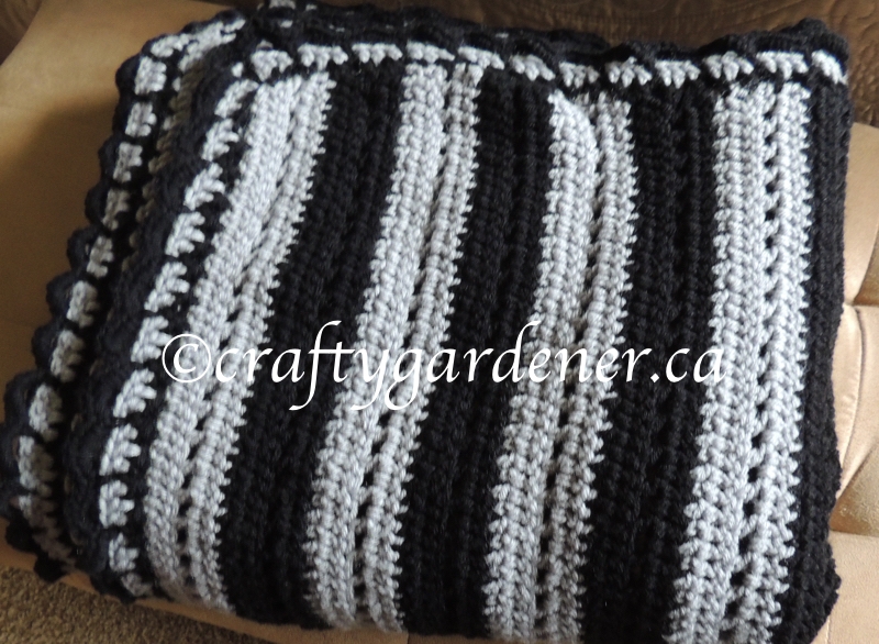 a black and grey stripe afghan at craftygardener.ca