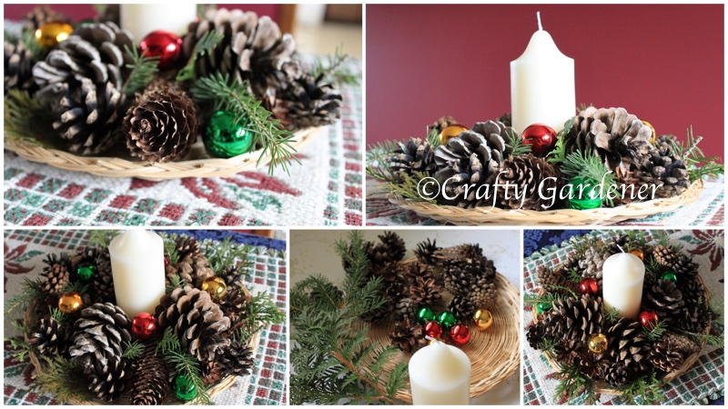 make a pinecone and candle centre piece for the holiday table at craftygardener.ca