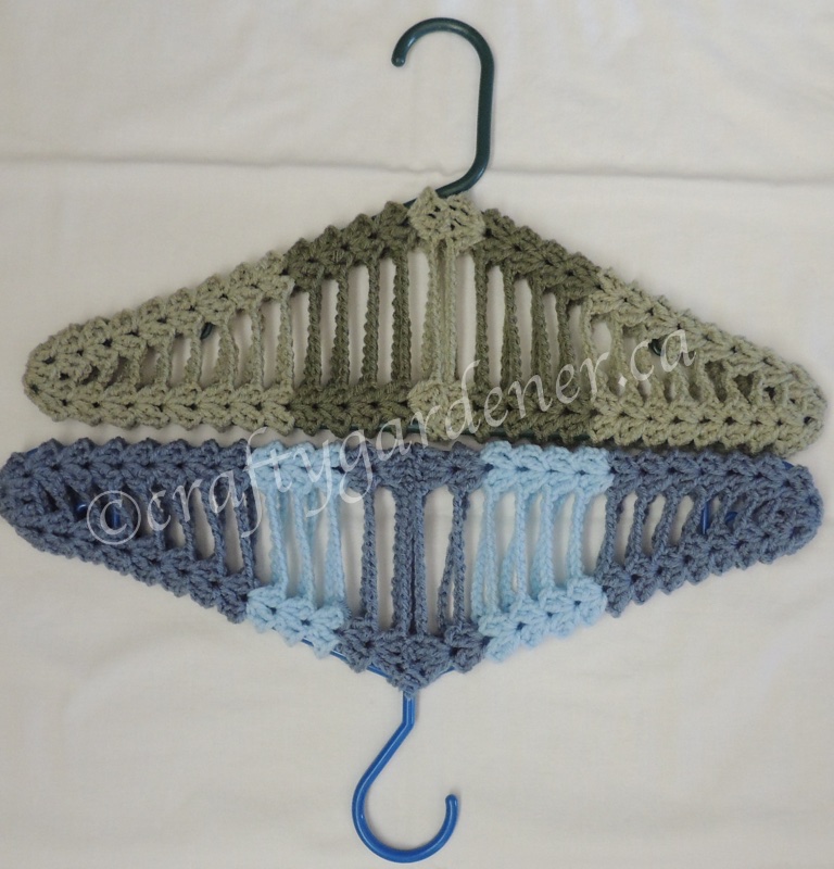 crochet covered coat hangers in multi colours at craftygarddener.ca