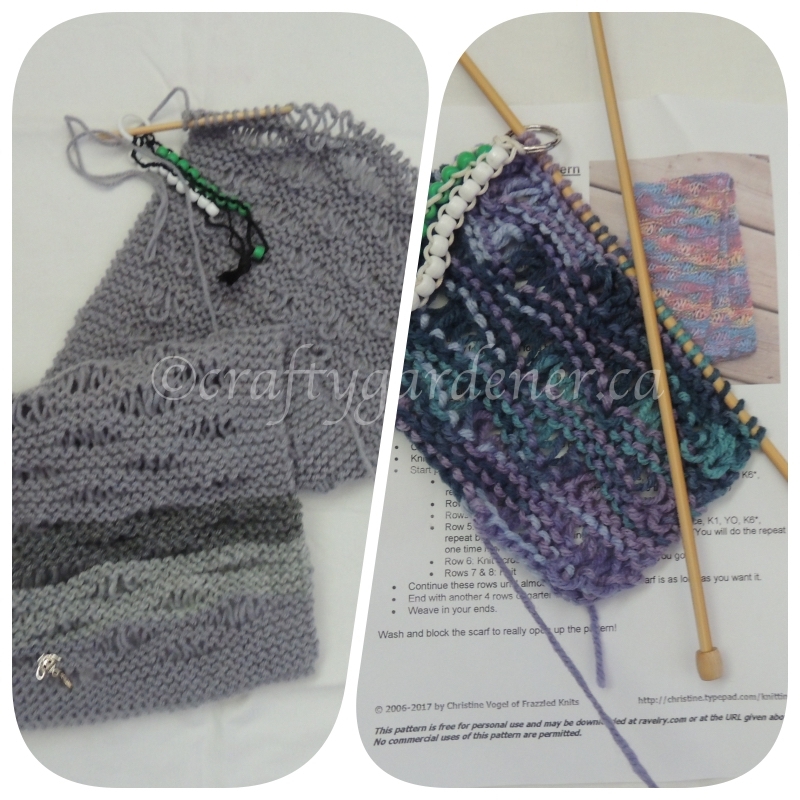 knitting one stitch/drop stitch scarves at craftygardener.ca