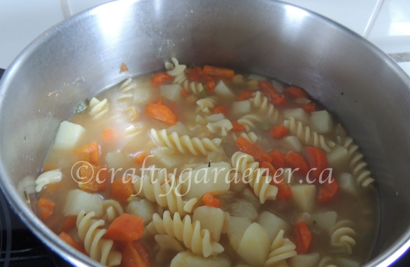 making potato pasta soup at craftygardener.ca
