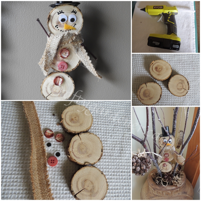making a snowman out of wood slices at craftygardener.ca